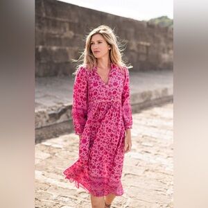 Dilli Grey for Anthropologie Pink Floral Organic Cotton Midi Dress | L
